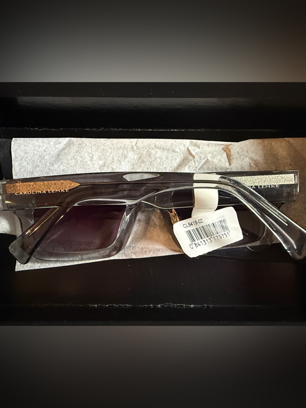 Carolina Lemke Clear Frame Sunglasses with Purple Lenses - Modern Square Style - Picture 2 of 10